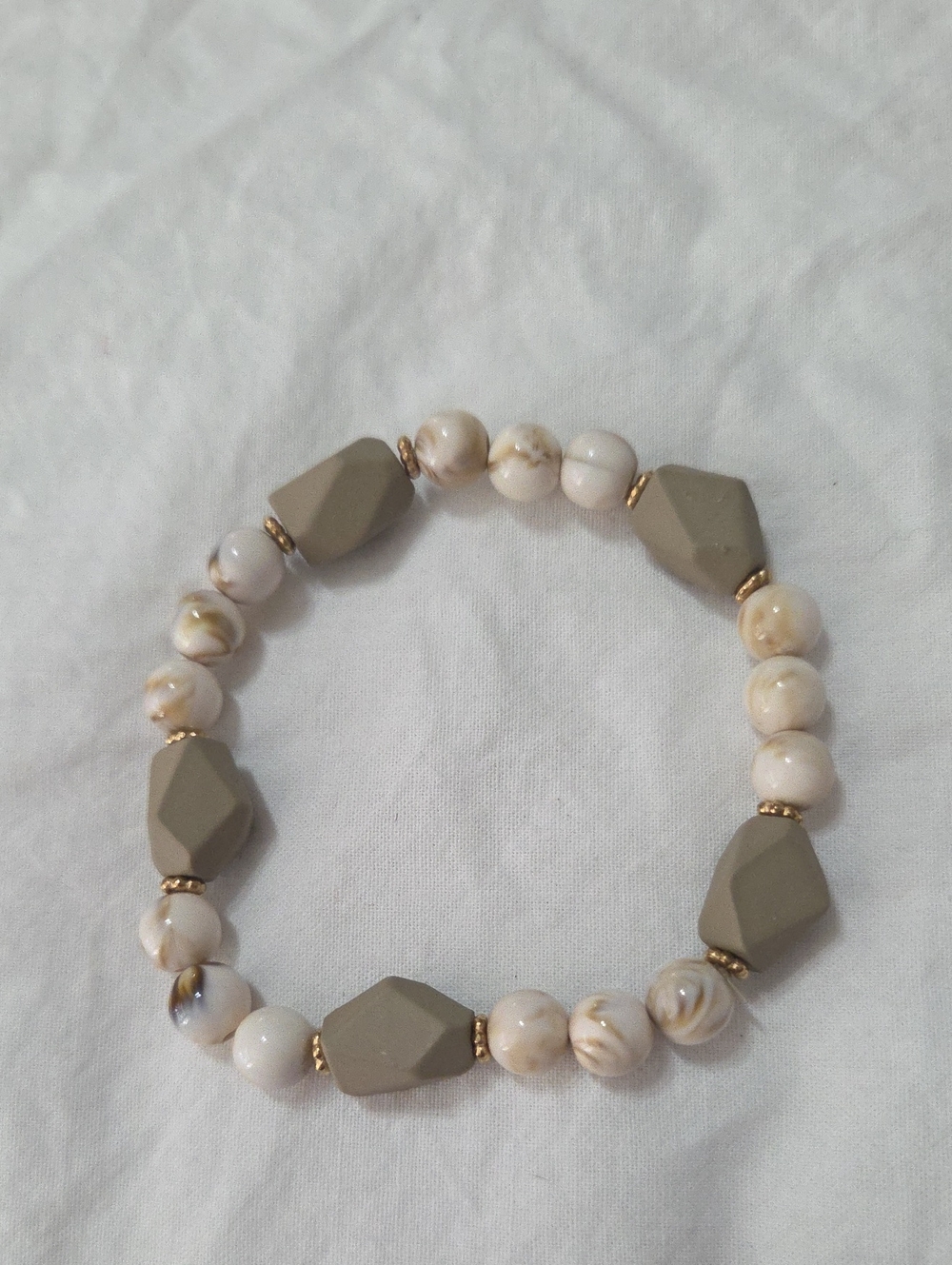 Neutral Taupe and Cream Stone Beaded Stretch Bracelet - Women Jewelry